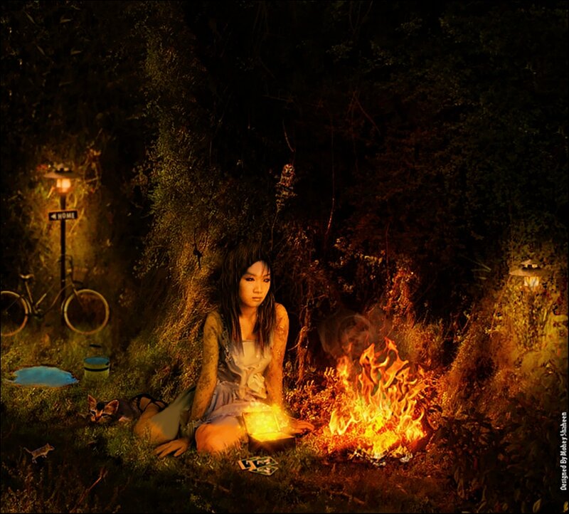 Woman Sitting by Fire — Orange