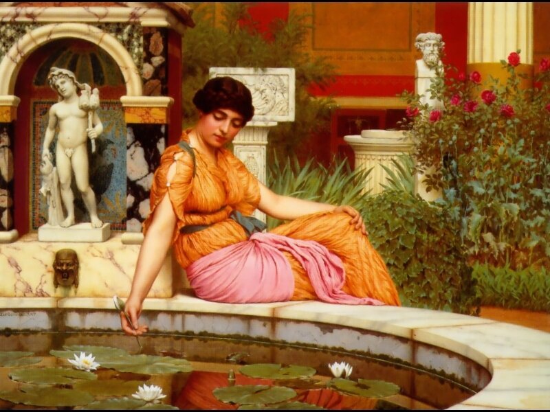 Woman Sitting by Fountain — Orange