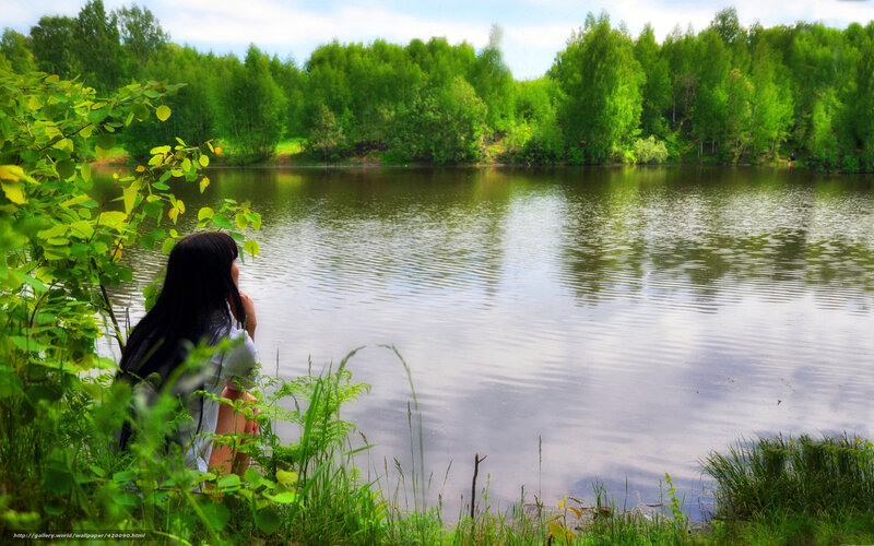Woman Sitting by Lake — Green, Serene, Afternoon