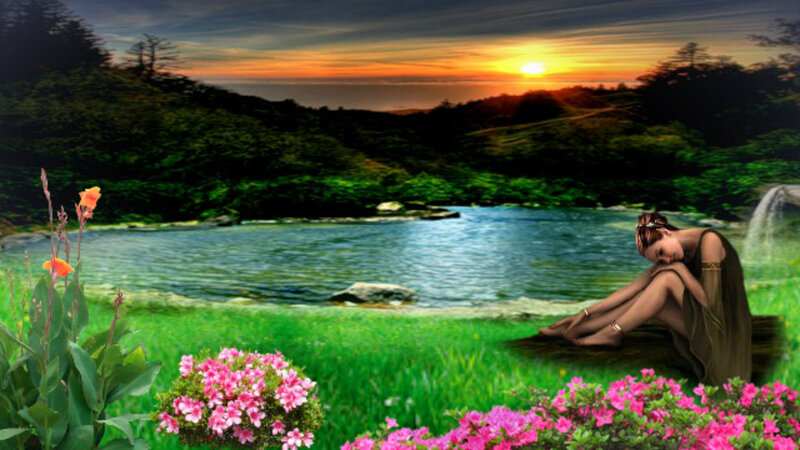 Woman Sitting by Lake — Green