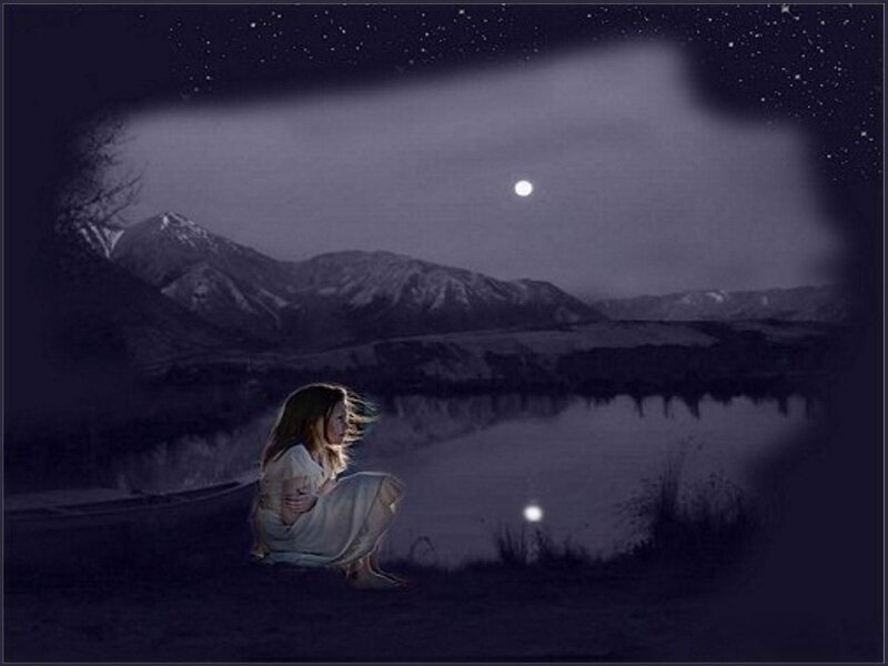 Woman Sitting by Lake — Purple