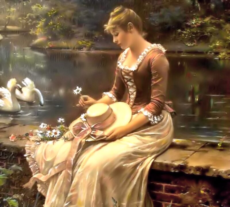 Woman Sitting by Pond — Brown