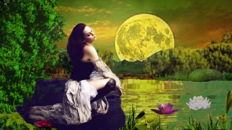 Woman Sitting by Pond — Green, Serene