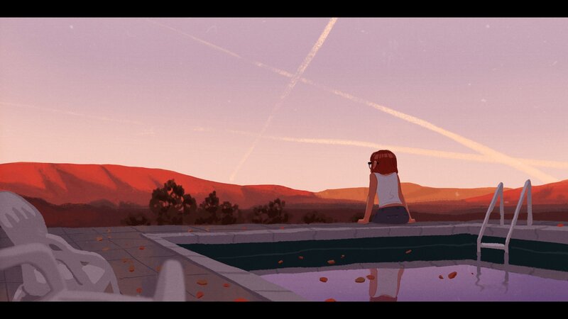 Woman Sitting by Pool — Purple