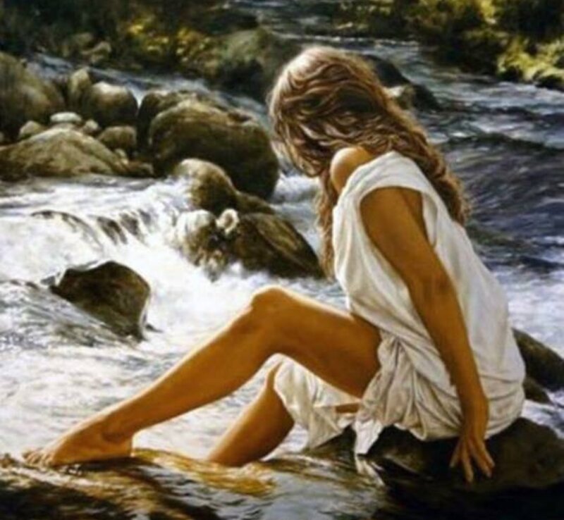 Woman Sitting by River — White