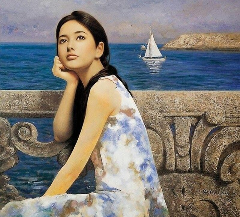 Woman Sitting by Sea — Blue, Serene