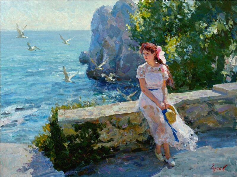 Woman Sitting by Sea — Blue