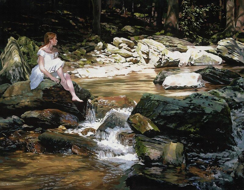 Woman Sitting by Stream — Green, Serene, Afternoon, Painting