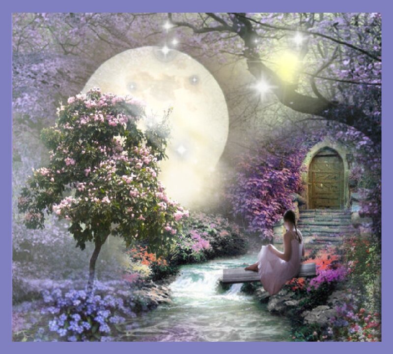 Woman Sitting by Stream — Purple, Serene