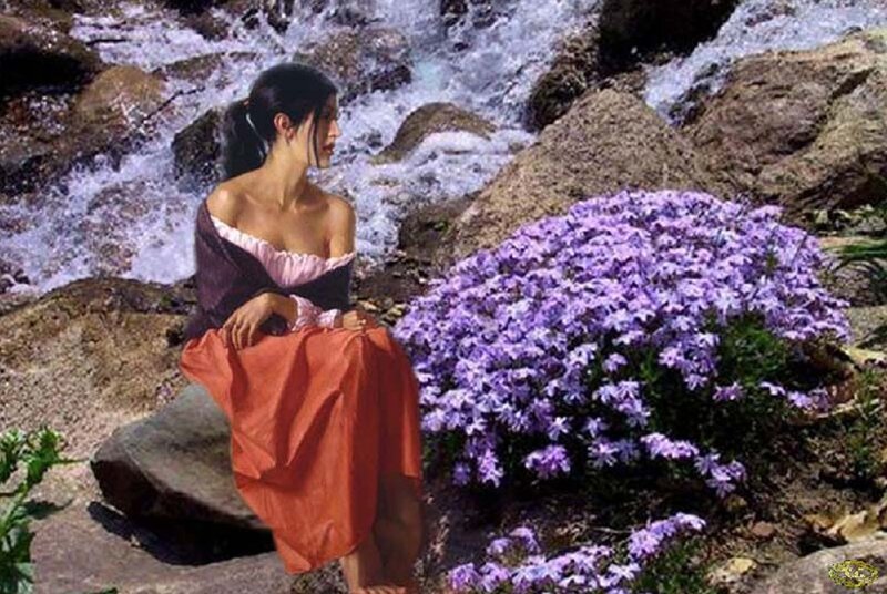 Woman Sitting by Stream — Purple