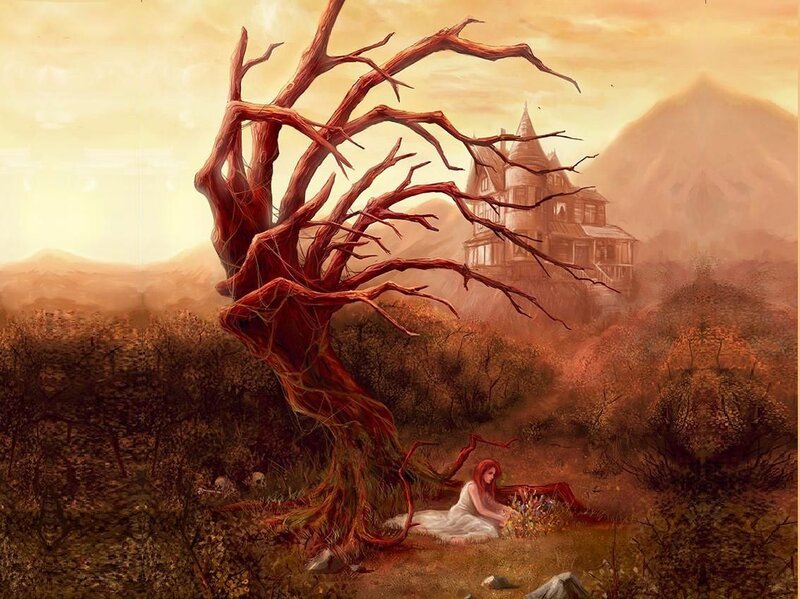 Woman Sitting by Tree — Brown, Dramatic