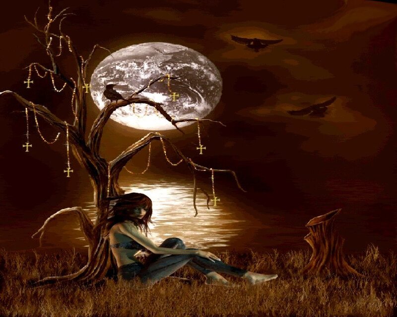 Woman Sitting by Tree — Brown, Somber
