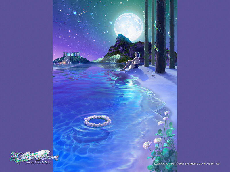 Woman Sitting by Water — Blue, Serene, Night, Digital Art