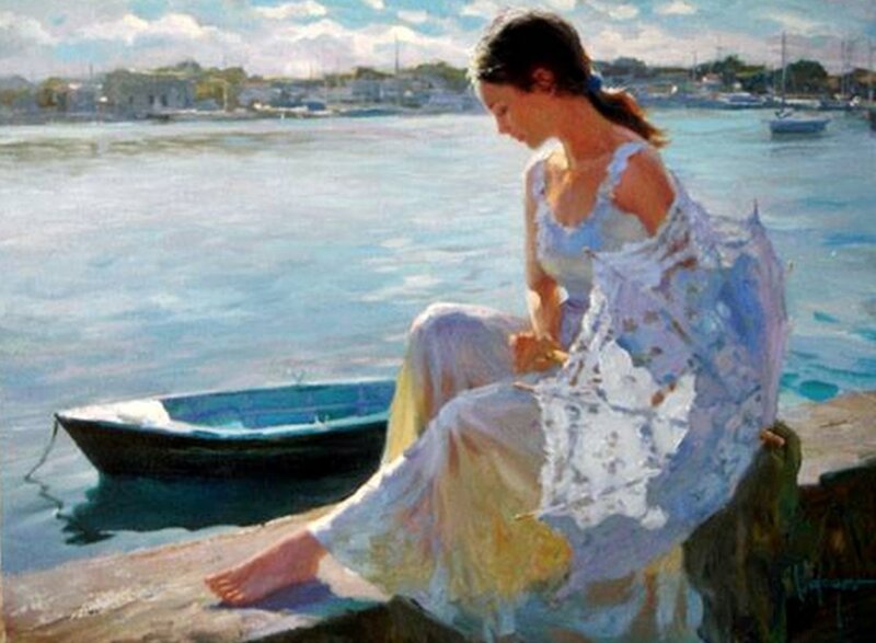 Woman Sitting by Water — Blue, Serene