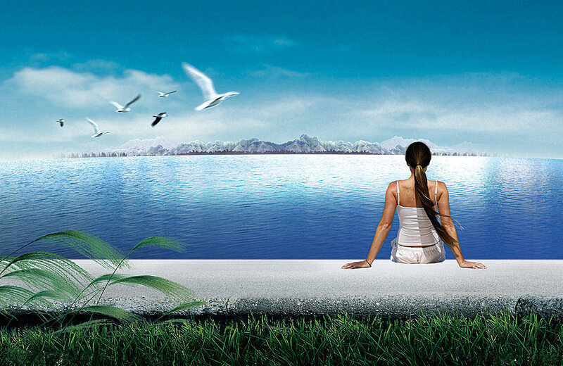 Woman Sitting by Water — Blue