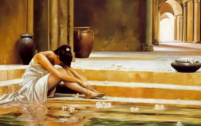 Woman Sitting by Water — Brown, Serene
