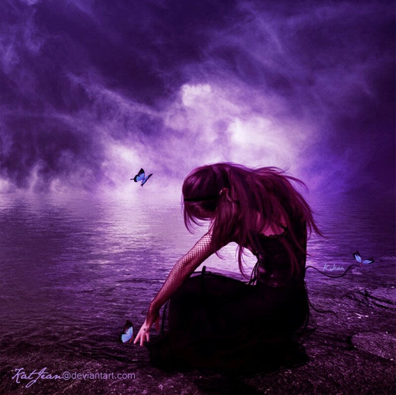 Woman Sitting by Water — Purple, Dramatic