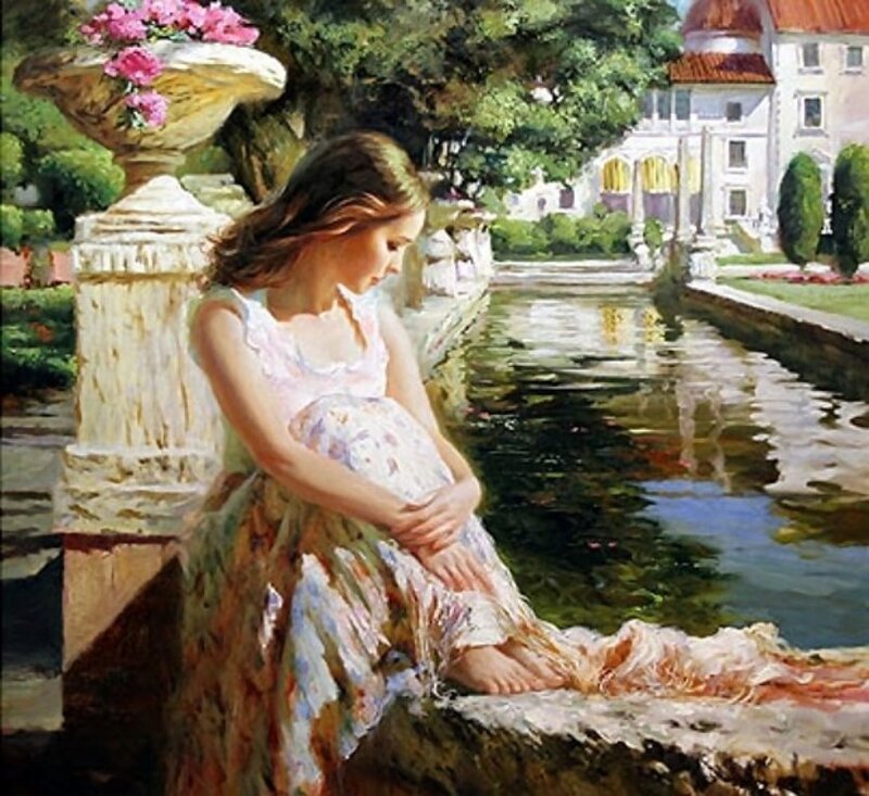 Woman Sitting by Water — White