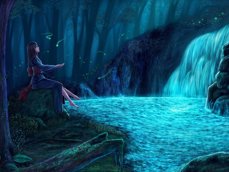 Woman Sitting by Waterfall — Blue, Serene, Night