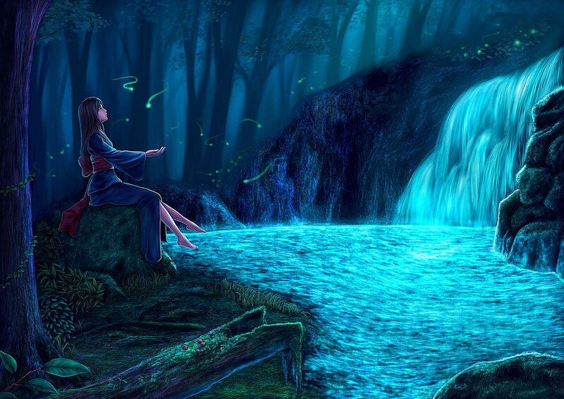 Woman Sitting by Waterfall — Blue, Serene