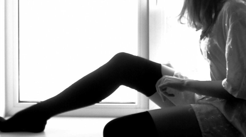 Woman Sitting by Window — Black, Dramatic, Photograph, Tights