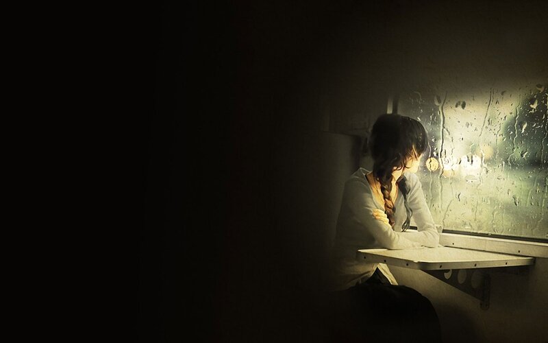 Woman Sitting by Window — Black, Melancholic, Night