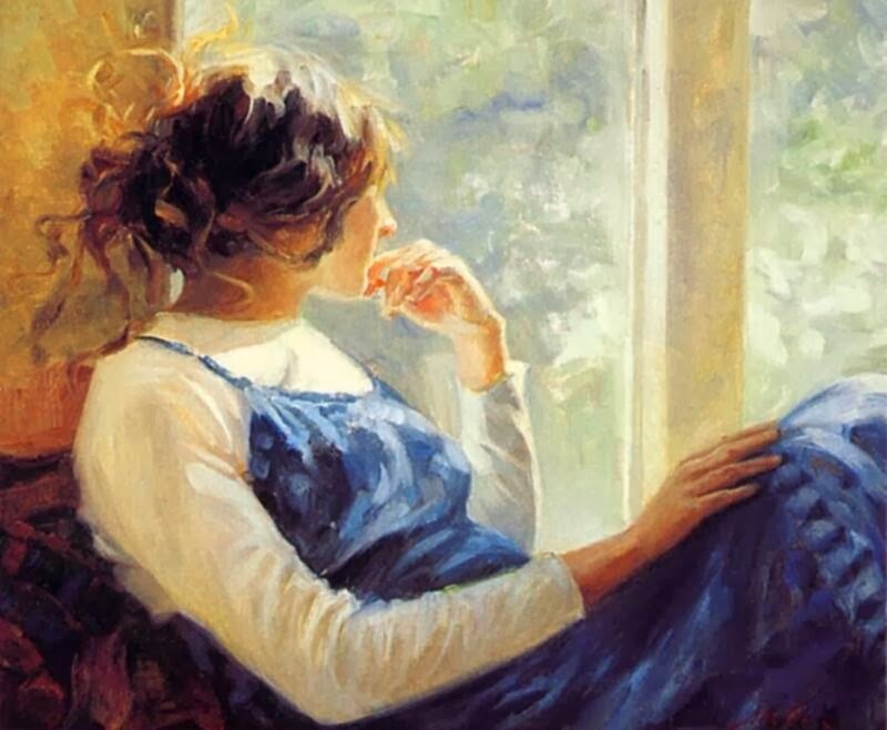 Woman Sitting by Window — Blue, Contemplative