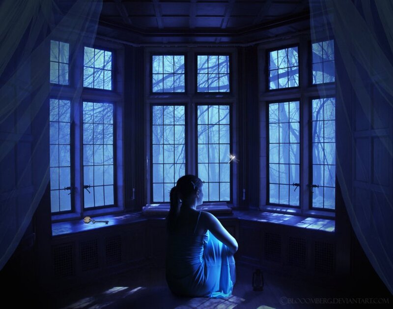 Woman Sitting by Window — Blue, Melancholic