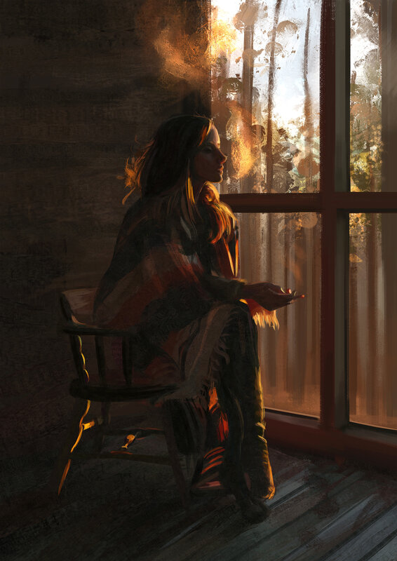 Woman Sitting by Window — Brown, Dramatic, Sunset