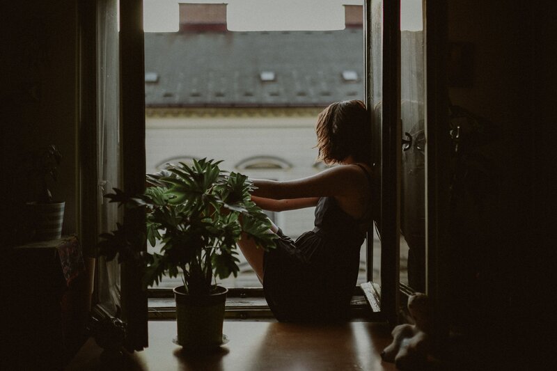 Woman Sitting by Window — Brown