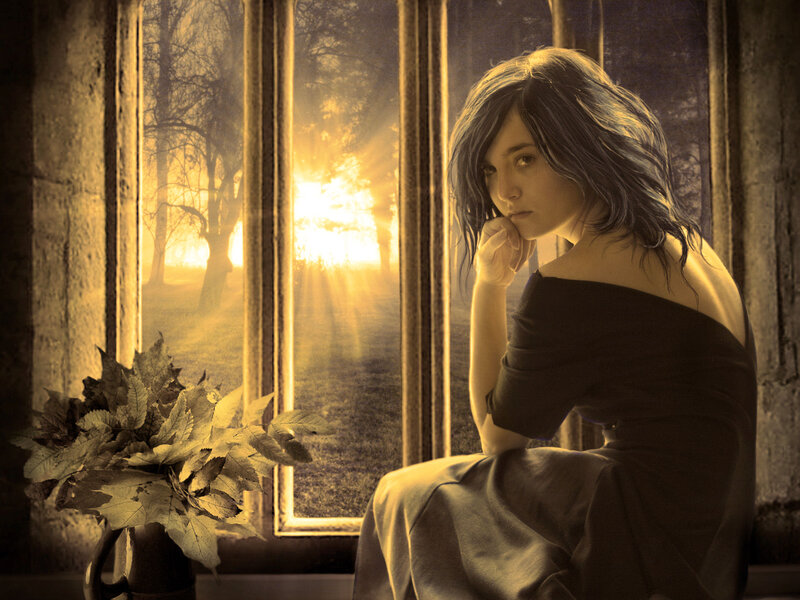 Woman Sitting by Window — Gold