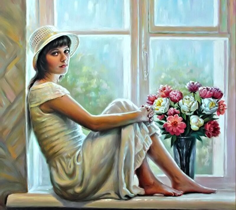 Woman Sitting by Window — White, Serene, Afternoon