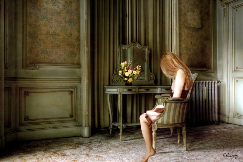 Woman Sitting in Chair — Green, Dramatic