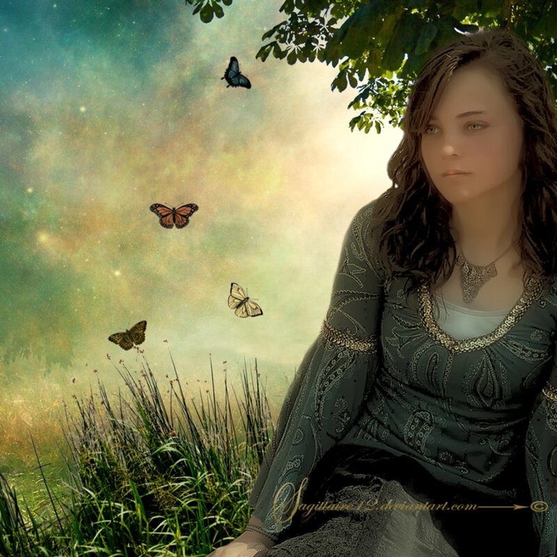 Woman Sitting in Field — Green, Serene, Afternoon, Digital Art