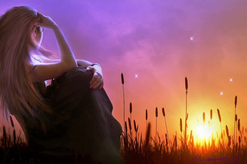 Woman Sitting in Field — Purple, Dramatic
