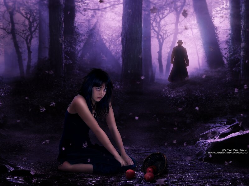 Woman Sitting in Forest — Purple, Dark