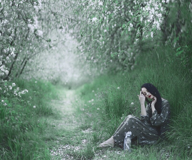 Woman Sitting in Grass — Green, Serene, Spring