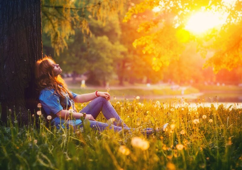 Woman Sitting in Grass — Yellow, Serene