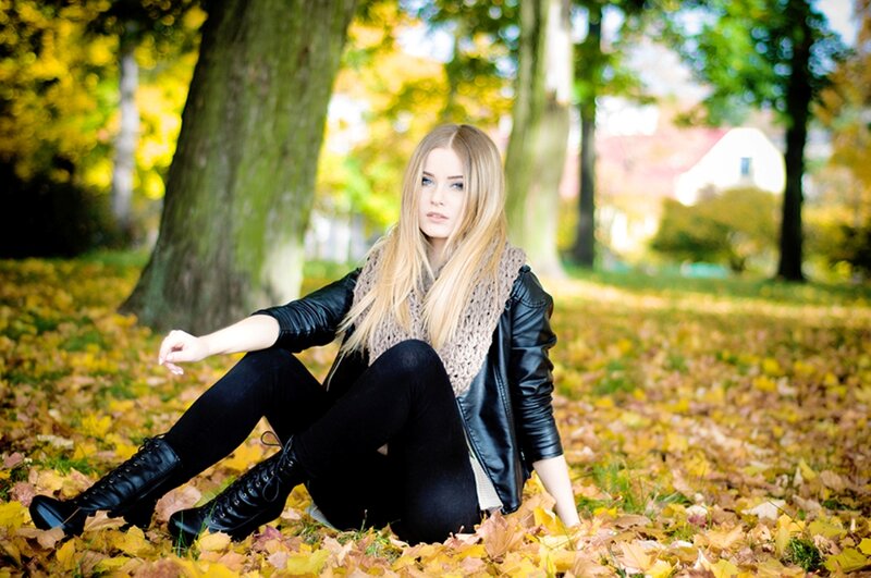 Woman Sitting in Leaves — Yellow, Calm