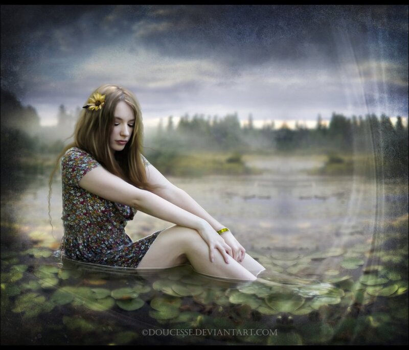 Woman Sitting in Pond — Green