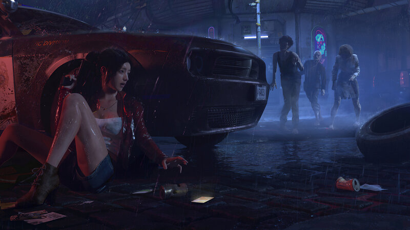 Woman Sitting in Rain — Black, Dramatic, Tense