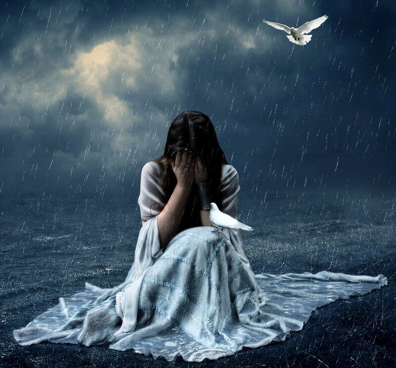 Woman Sitting in Rain — Blue, Melancholic