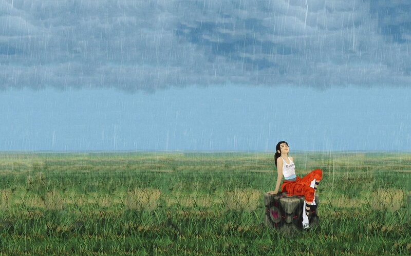 Woman Sitting in Rain — Green, Calm