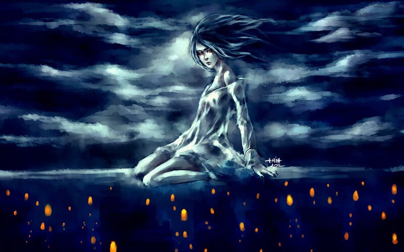 Woman Sitting in Water — Blue, Dramatic, Night