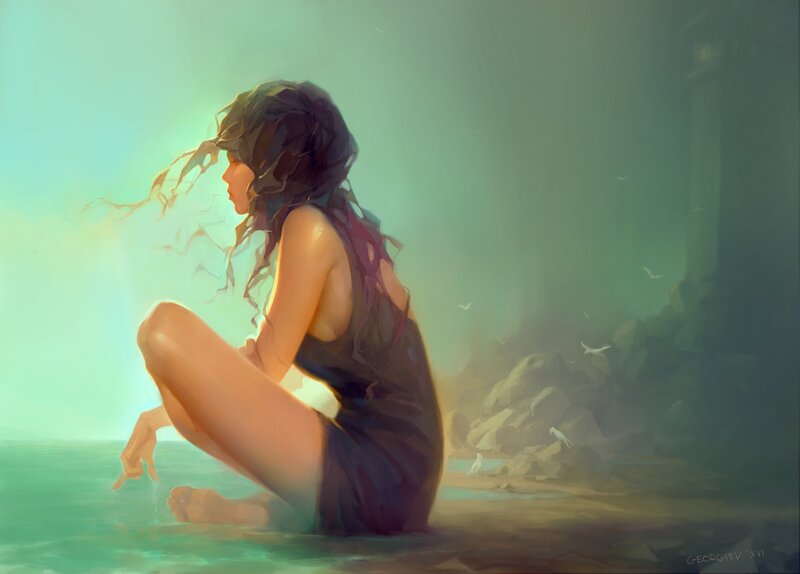 Woman Sitting in Water — Green