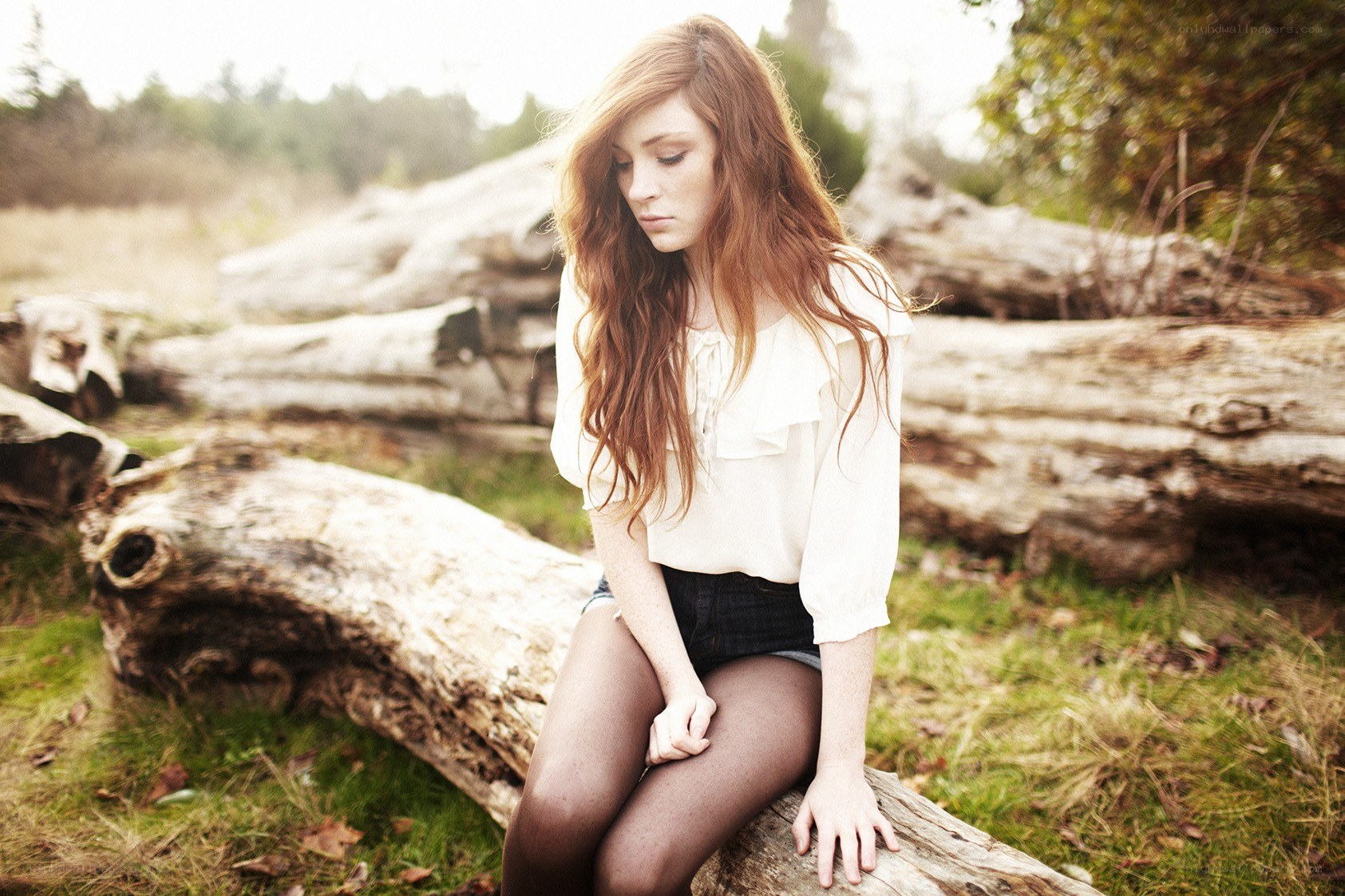woman sitting on a log