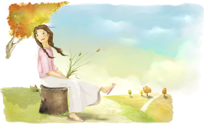 Woman sitting on a stump