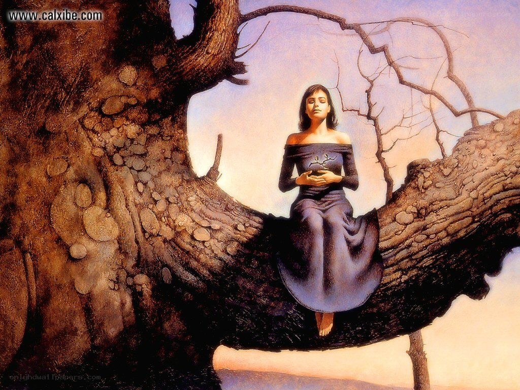 woman sitting on a tree branch