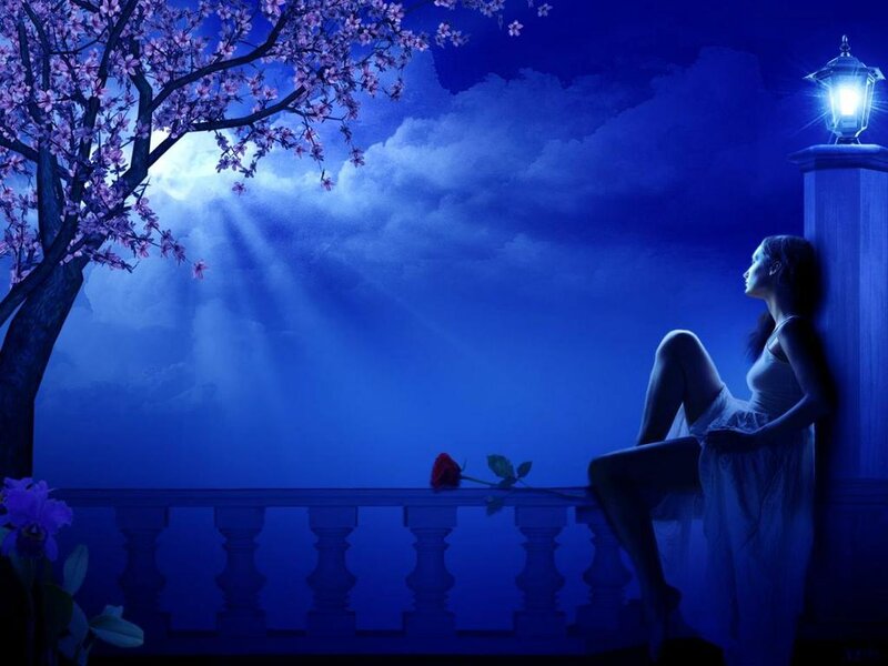 Woman Sitting on Balcony — Blue