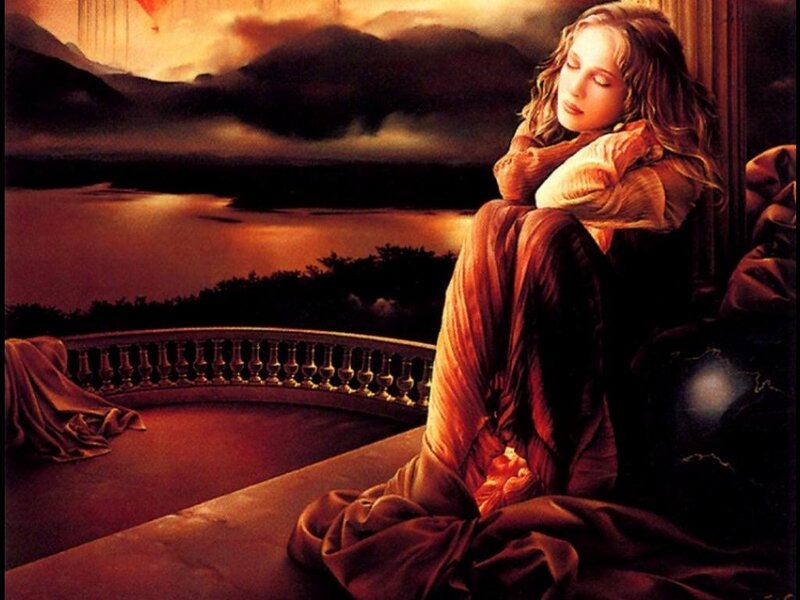 Woman Sitting on Balcony — Brown, Dramatic